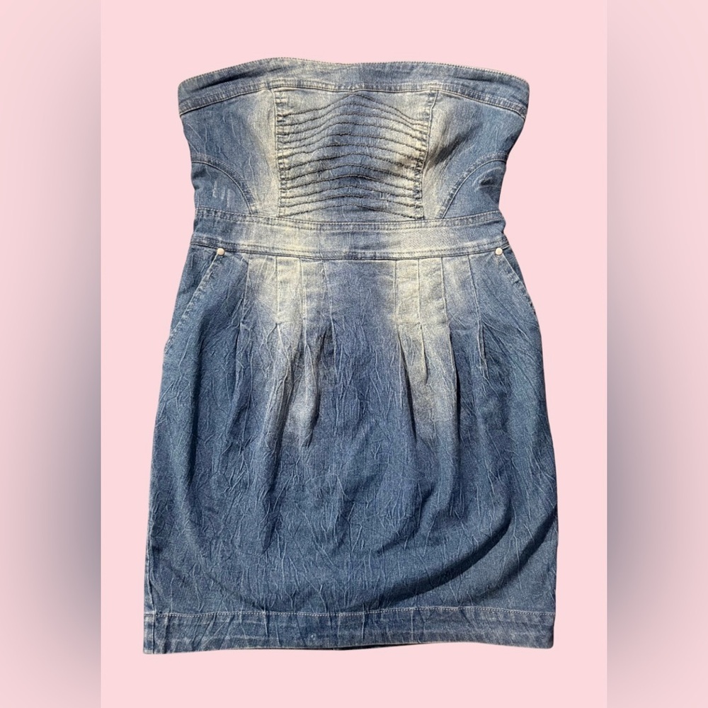 Blue Asphalt Strapless Denim Dress Women’s M‎ Ruched Faded Jean Tube Mini